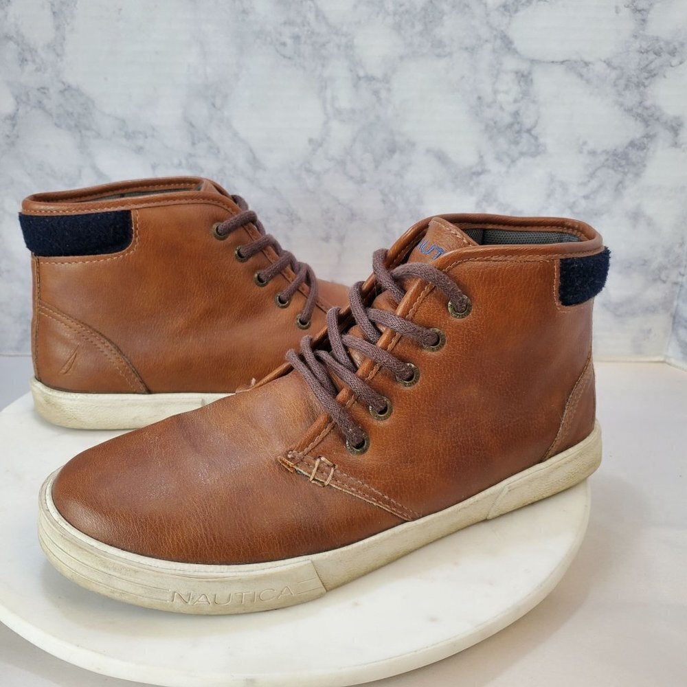 Nautica Youth 5 Breakwater High Top‎ Faux Leather Sneaker Boot Tan Lace up
